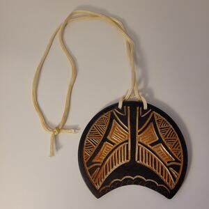 Krause Vintage Pottery Pendant Clay Geometric Signed 1987 Brown Nylon Cord